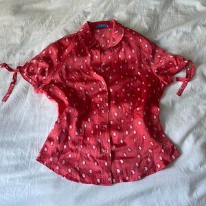 Italian Pink White Polka Dot Short Sleeve Silk Blouse